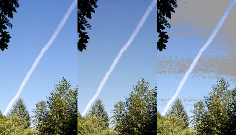 Screen captures of Photoshop session showing regular RGB view (L), CMYK Soft Proof view, and RGB view with gamut warning. The gray shading indicates areas of the RGB image that are outside of the CMYK gamut as defined in the GRACol2013 profile.